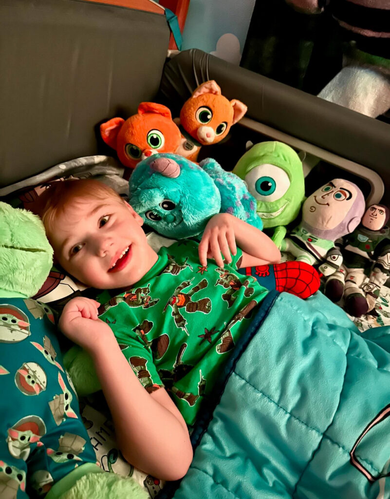 A young boy laying in a SleepSafe bed surrounded by stuffed animals.