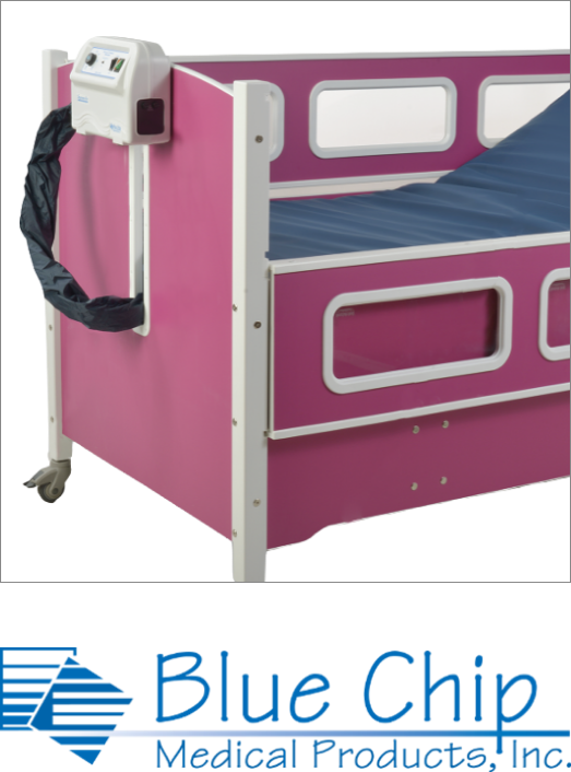 A SleepSafe bed with a medical device attached to the end of it.