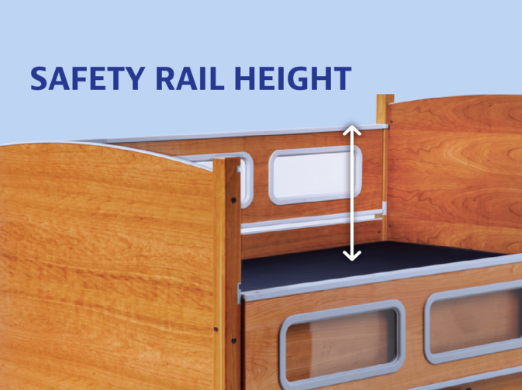 A SleepSafe bed with arrows showing the safety rail height.