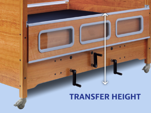 A SleepSafe bed with arrows showing the transfer height.