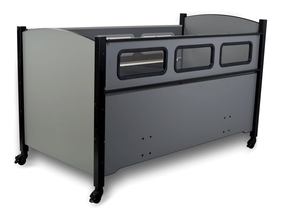 SleepSafe MEDIUM bed in grey finish with black trim.
