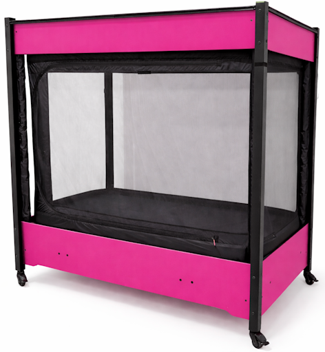 SleepSafe InSight bed in pink finish with black pads and legs.