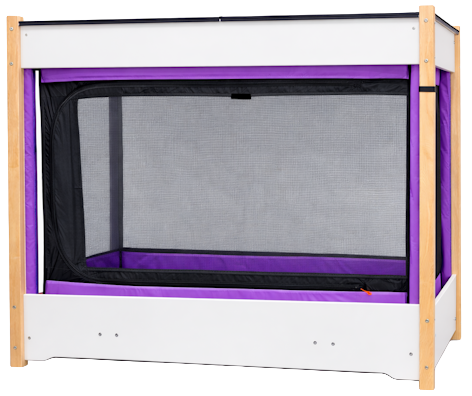 SleepSafe InSight bed in white with purple pads and maple legs.