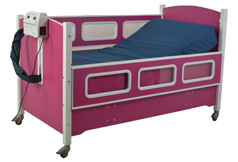 SleepSafe MEDIUM bed in pink finish with blue chip mattress.