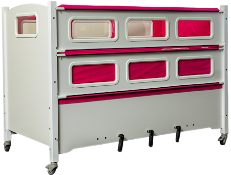 SleepSafe TALL bed in white finish with pink pads and white trim.