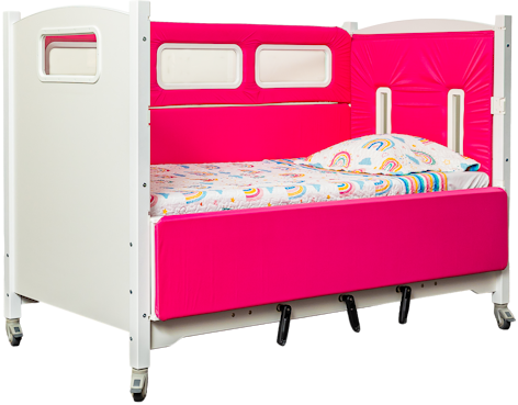SleepSafe TALL bed with white finish and pinks pads.
