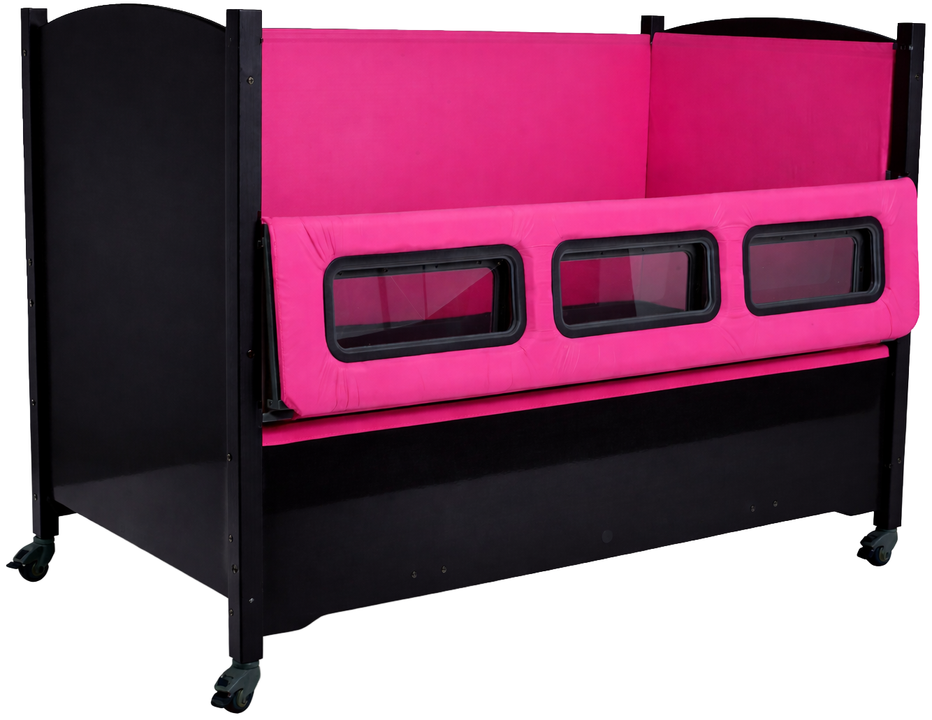 SleepSafe TALL bed with black finish and pinks pads.