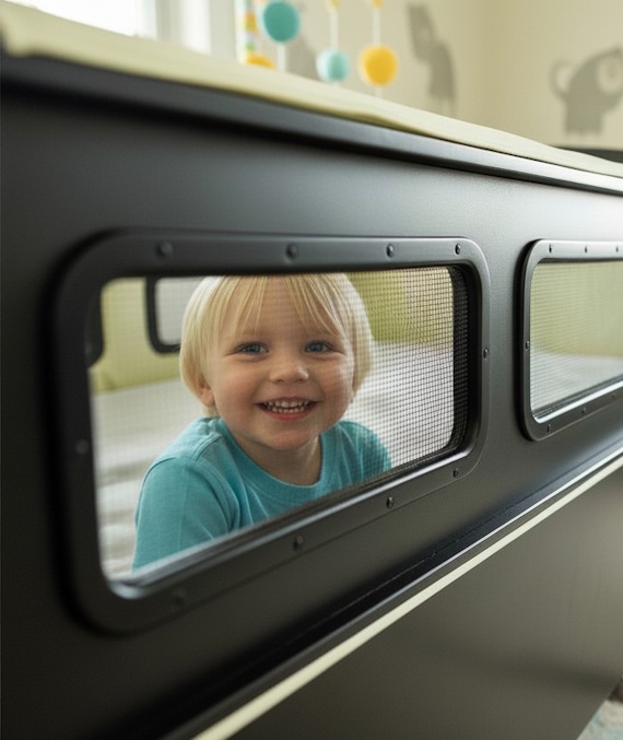 A young child smiling through the mesh window of their SleepSafe bed.