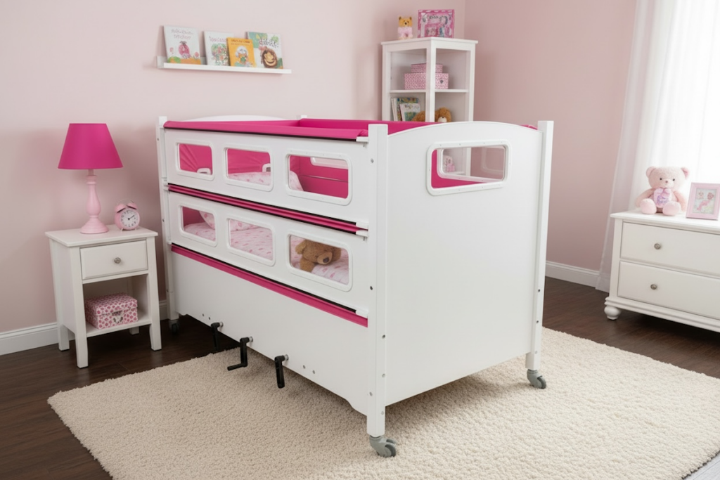 A SleepSafe bed placed in a bedroom.